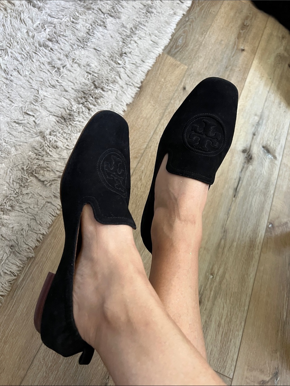 Tory Burch, size 9.5, Black Suede Embossed Logo Slip-Ons, UIGC